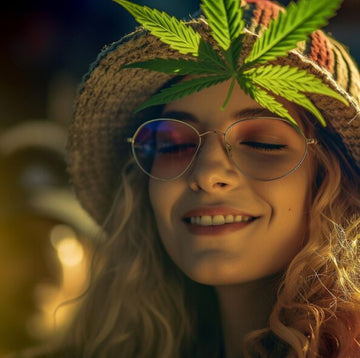 Smiling woman wearing sunglasses and a cannabis leaf headband, enjoying a lighthearted and relaxing moment with hemp or THC-related vibes.